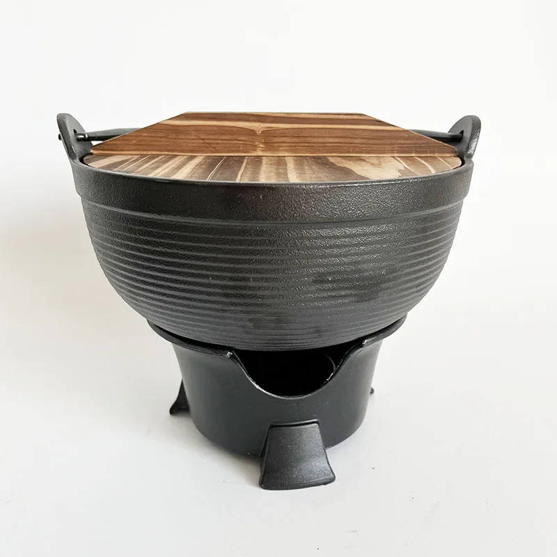 20cm Japanese Style Single Serving Irori Nabe Shabu Shabu Hot Pot Sukiyaki Pot with Wooden Lid and Burner Stove