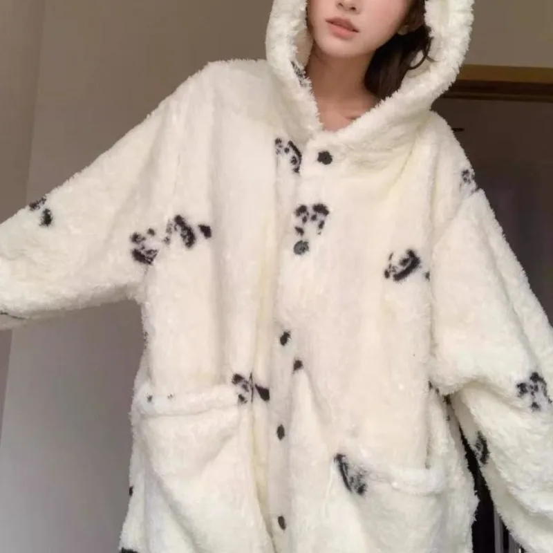 Cute Cartoon Coral Velvet Hooded Onesies Pajamas Kawaii Autumn Winter Thickened Padded Warm Fleece Rompers Sleepwear for Women 5