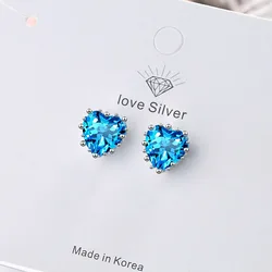 925 Sterling Silver Heart Blue Zircon Stud Earrings For Women Luxury Designer Jewelry Gift Female  GaaBou Jewellery