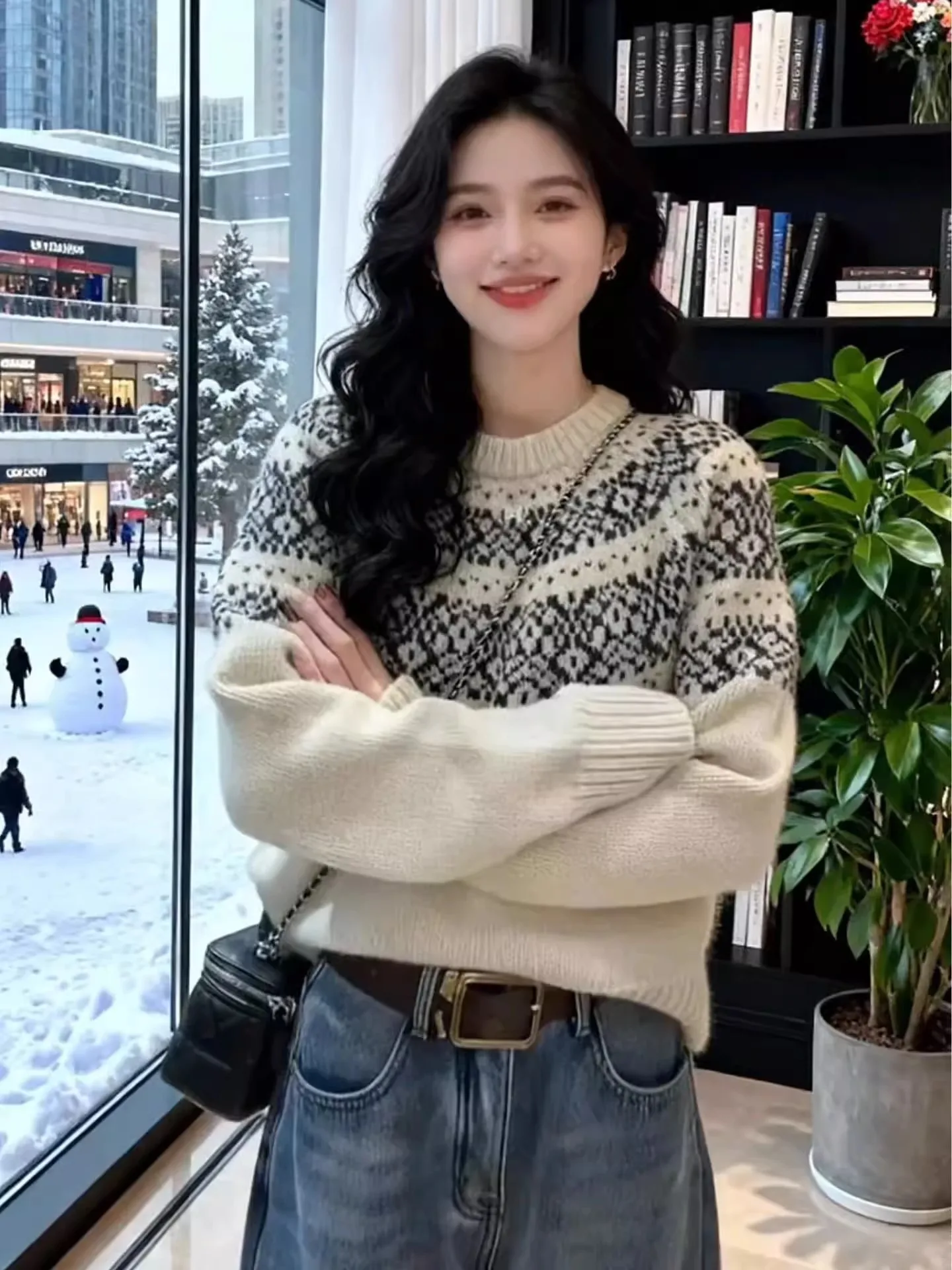 Sweter damski w stylu retro Fair Isle, luźny krój, nowy model zimowy, swobodny styl, wyszczuplający, dzianinowy top bazowy.