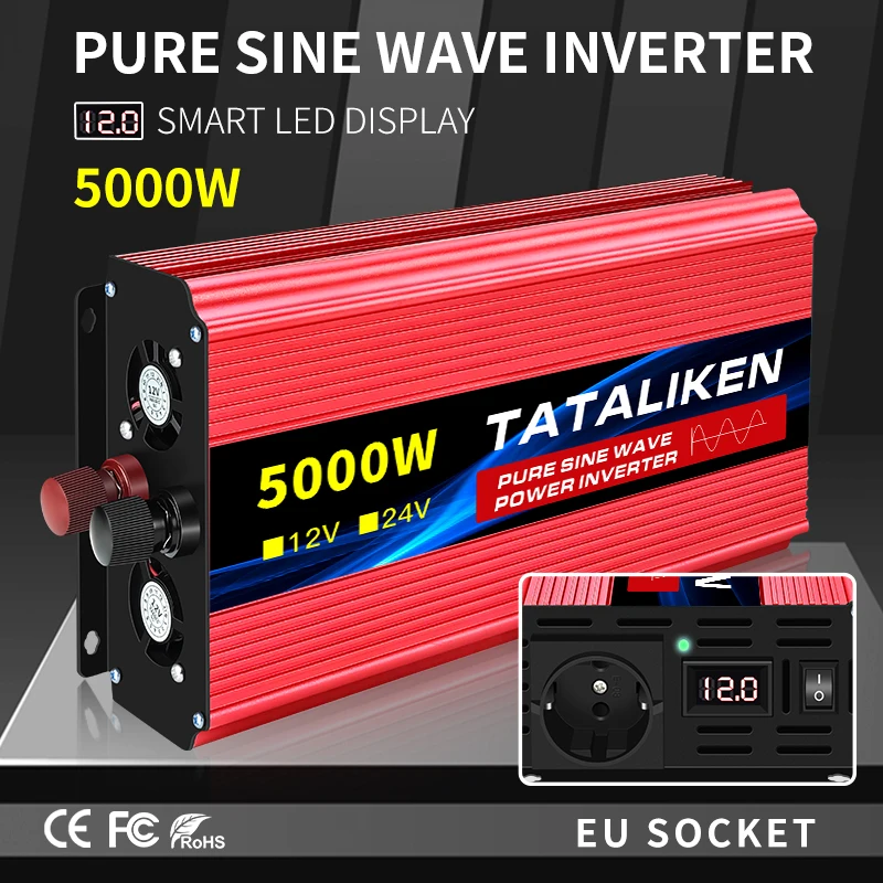 New Pure Sine Wave Inverter DC 12V to AC 220V European Socket Converter 1600W 2500W 3500W 4500W 5000W 6000W 7000W 8000W