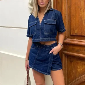 TRAF Blue Denim Shirt Woman Short Sleeve Cropped Shirt Women Summer Short Tops Woman Streetwear Y2k Stylish Women's Blouse 10 best sales tianhou silk quilt - №4