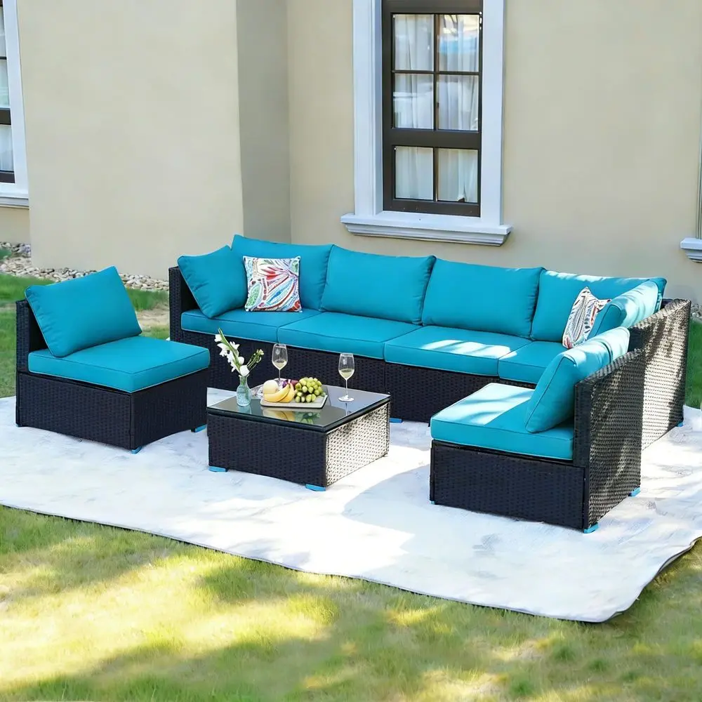 

Piece Outdoor Patio Furniture Sets, Turquoise Patio Sectional Furniture AllWeather PE Rattan Sectional Sofa, Outdoor Wicker Con