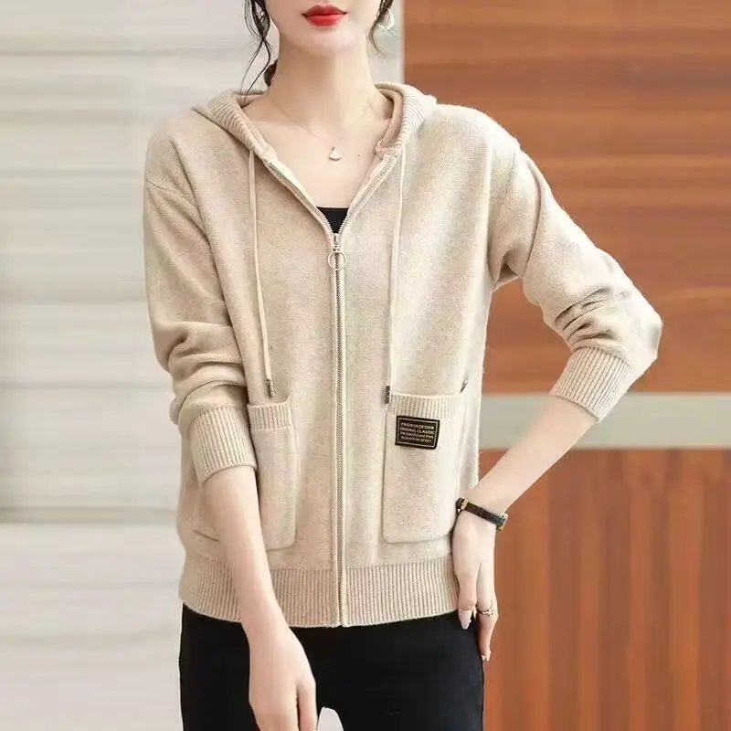 Hooded Knitted Cardigan Sweater Jacket Women\'s Spring Outfit New Fashion Outfit with Casual Mom Jacket Women\'s Hat Sweater