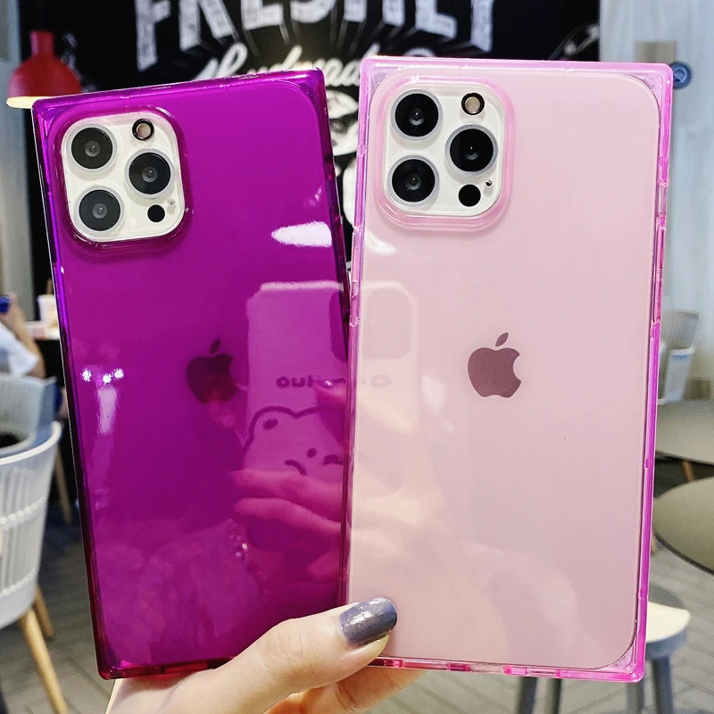 Luxury Square Transparent Case For iPhone 15 Pro Max 14 13 12 11 X XS XR 7 8 Plus SE2020 Fluorescent Color Soft Shockproof Cover