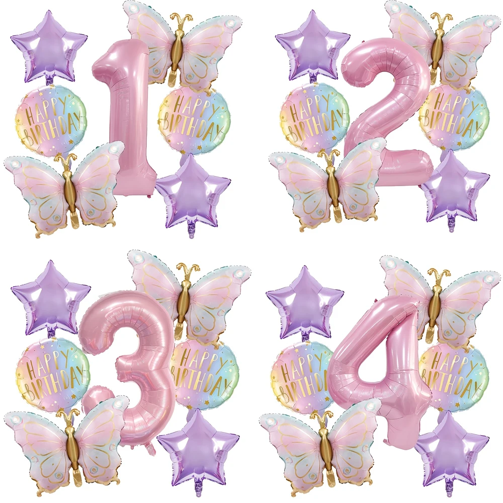 Rosa Schmetterling 32 Zoll Zahl Ballon Set Farbverlauf Alles Gute zum Geburtstag Babyparty Dekor Heliumballon Geburtstagsfeier Hochzeit Globos