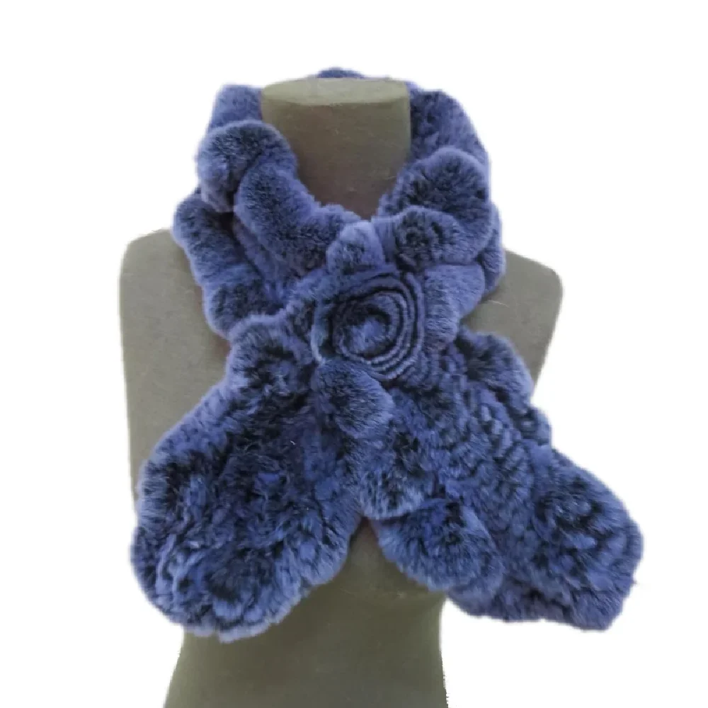 

Real Rex Rabbit Fur Knittd Scarf One Flower Falbala Neckerchief Women Winter Warm Soft Shawl