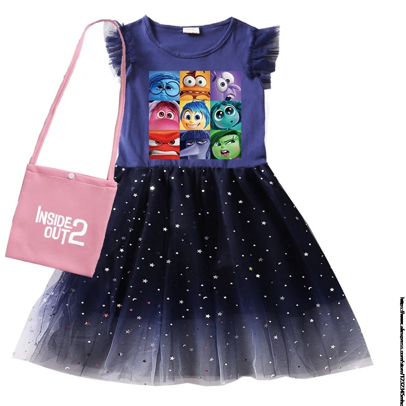New Inside Out2 Girls Clothes Summer Flying Sleeve Kids Dress Party Baby Dresses for Children Clothing Princess Dresses And Bag image 5