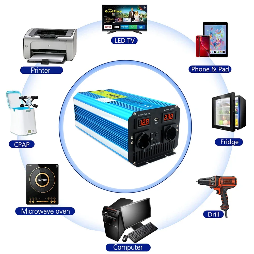 Pure Sine Wave 3000W/6000W Power Inverter DC 12V/24V to 220V Voltage Converter with USB Port Remote Control Universal EU Socket