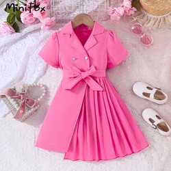 MiniFox 2pcs Elegant Girls Blazer Dress Summer Belted Lapel Irregular Dress For Girls Clothes 2024 Trendy Children Dresses