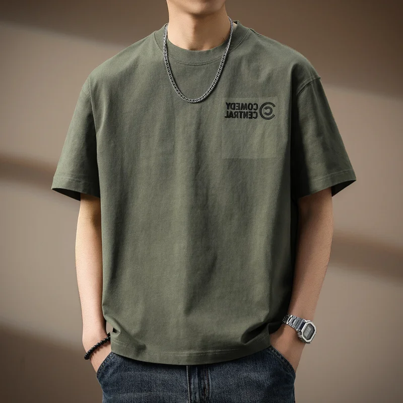 Trendy printed short sleeved T-shirt for men's summer 2025 new loose, elastic, Breathable High-end men's clothing