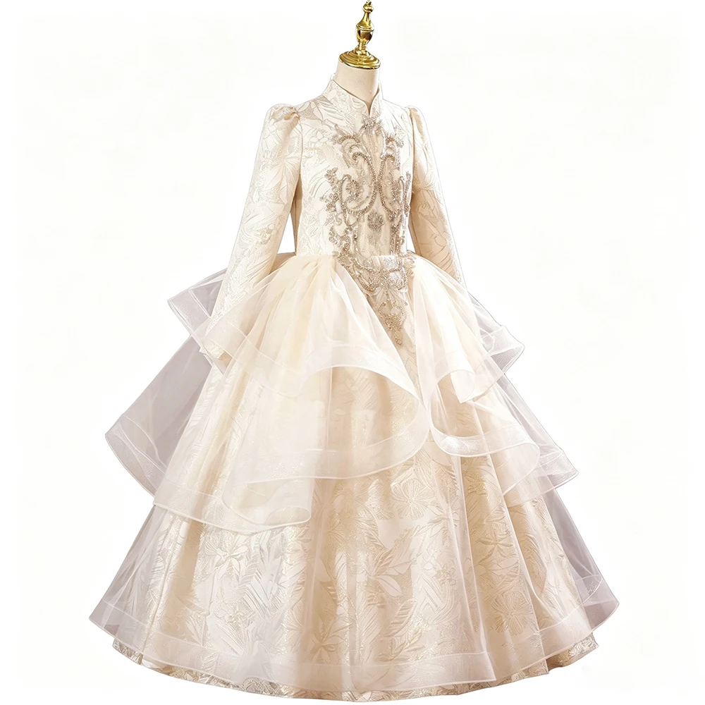 Luxury Princess Girls Pageant Evening Prom Party Dress Long Sleeve Champagne Jacquard Elegant Wedding Birthday Ball Gown Kids
