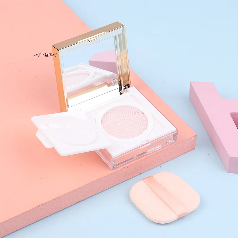 8 g tragbare, quadratische, lose Puderbox mit goldenem Rand – nachfüllbare, leere Make-up-Einstellung, Rouge-Etui mit Puff und Spiegel
