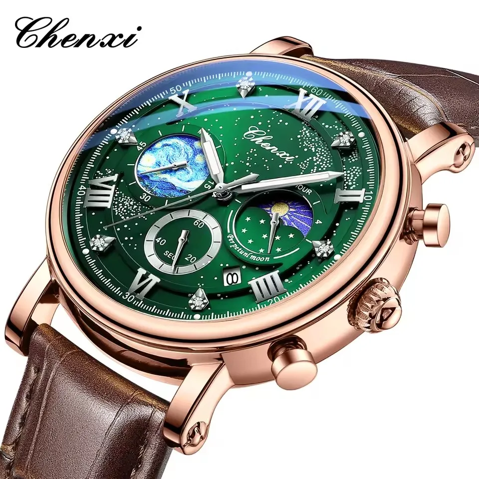 CHENXI 972 Men's Quartz Watch Multi functional Timing Stopwatch Waterproof Night Light Day Calendar Moon Phase Men's Clock reloj