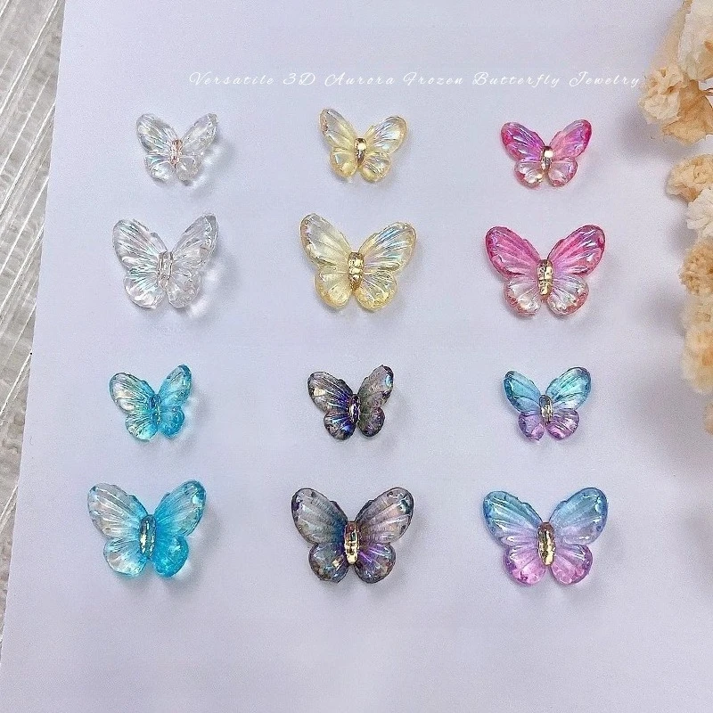 30Pcs Aurora Iridescent Butterfly Nail Charms Gradient Size Resin 3D Butterflies for DIY Nail Decorations