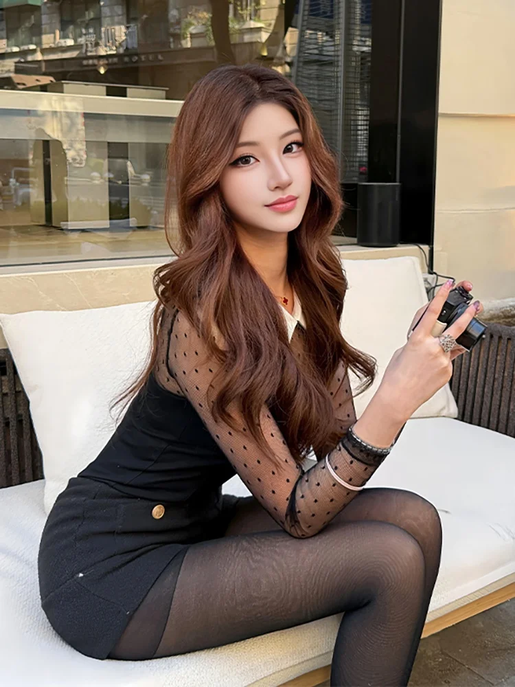 Sexy Me Polka Dot Splice Langarm-Kragen-Oberteil für Damen – Slim Fit Basic-Shirt für den Frühling – Eleganter Freizeit-Overall für Damen