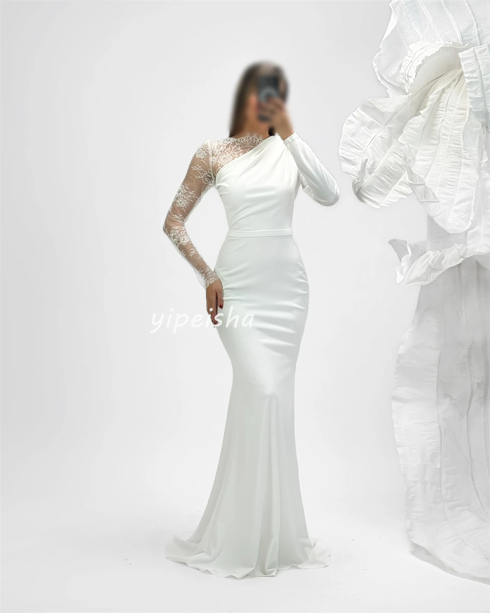 تخصيص أنيقة كلاسيكية جيرسي الدانتيل Ruched حورية البحر مغرفة الرقبة فساتين طويلة فساتين مناسبة مخصصة الأحجام المتاحة الرسمية