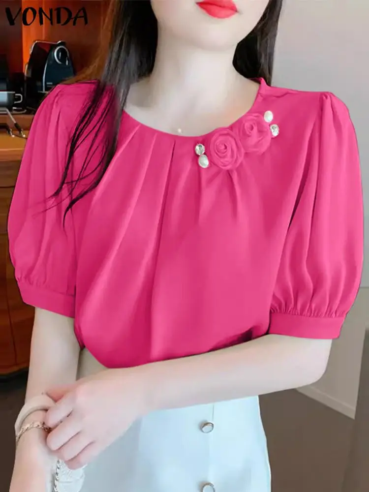 Women Summer Blouses VONDA Three-dimensional Flowers Elegant Solid Color Shirts 2024 Short Puff Sleeve Pleated Tunic Tops Blusas