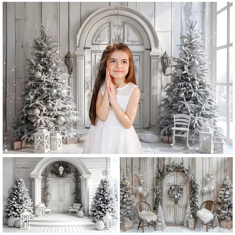 White Christmas Backdrop Winter Xmas Tree Gift Window Wood Door Interior Baby Portrait Family Party Photography Background Decor