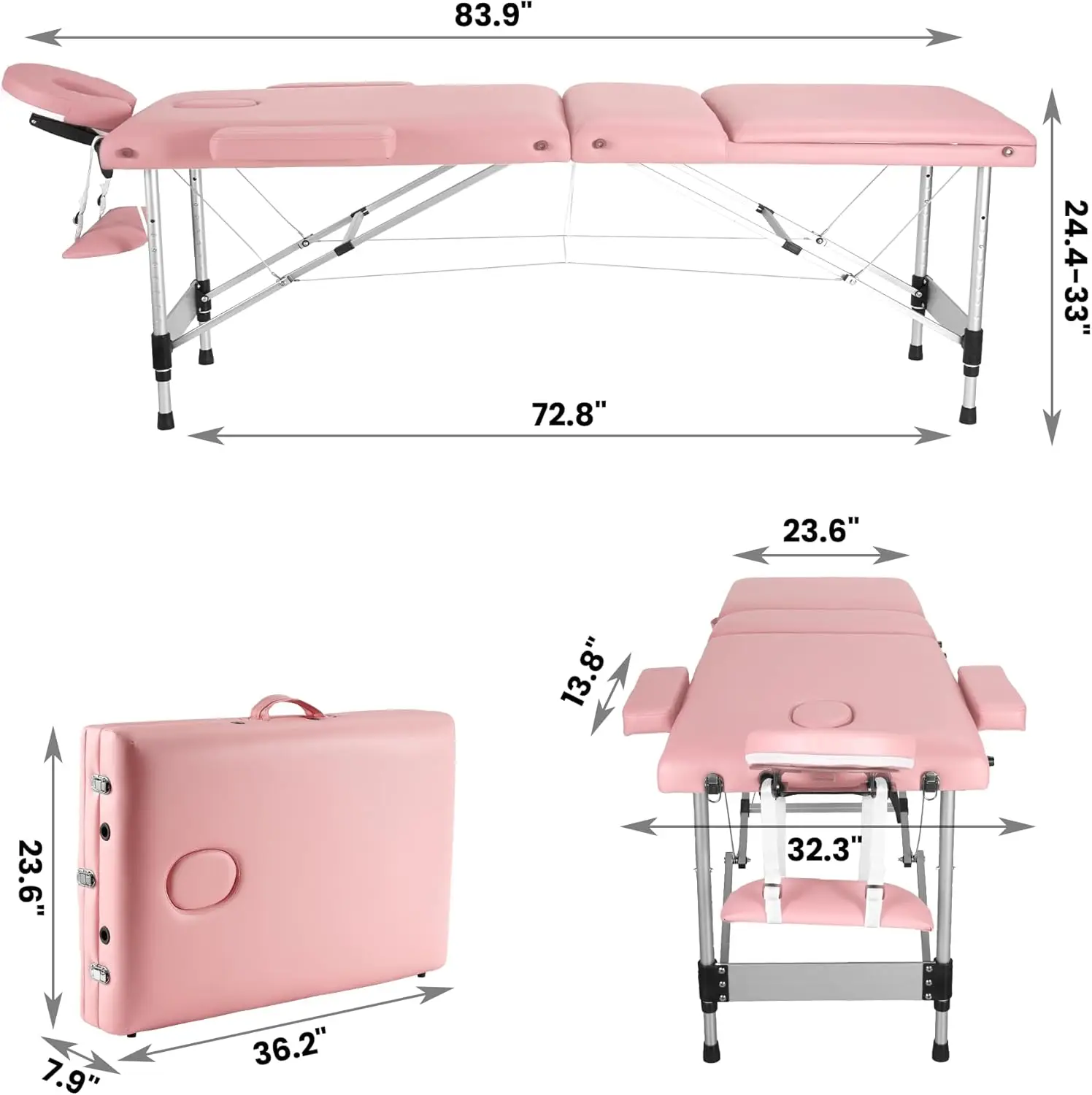 Meja pijat portabel upgrade 2 "spons tebal, tempat tidur pijat aluminium tinggi dapat diatur dengan sandaran kepala, sandaran tangan dan tas jinjing