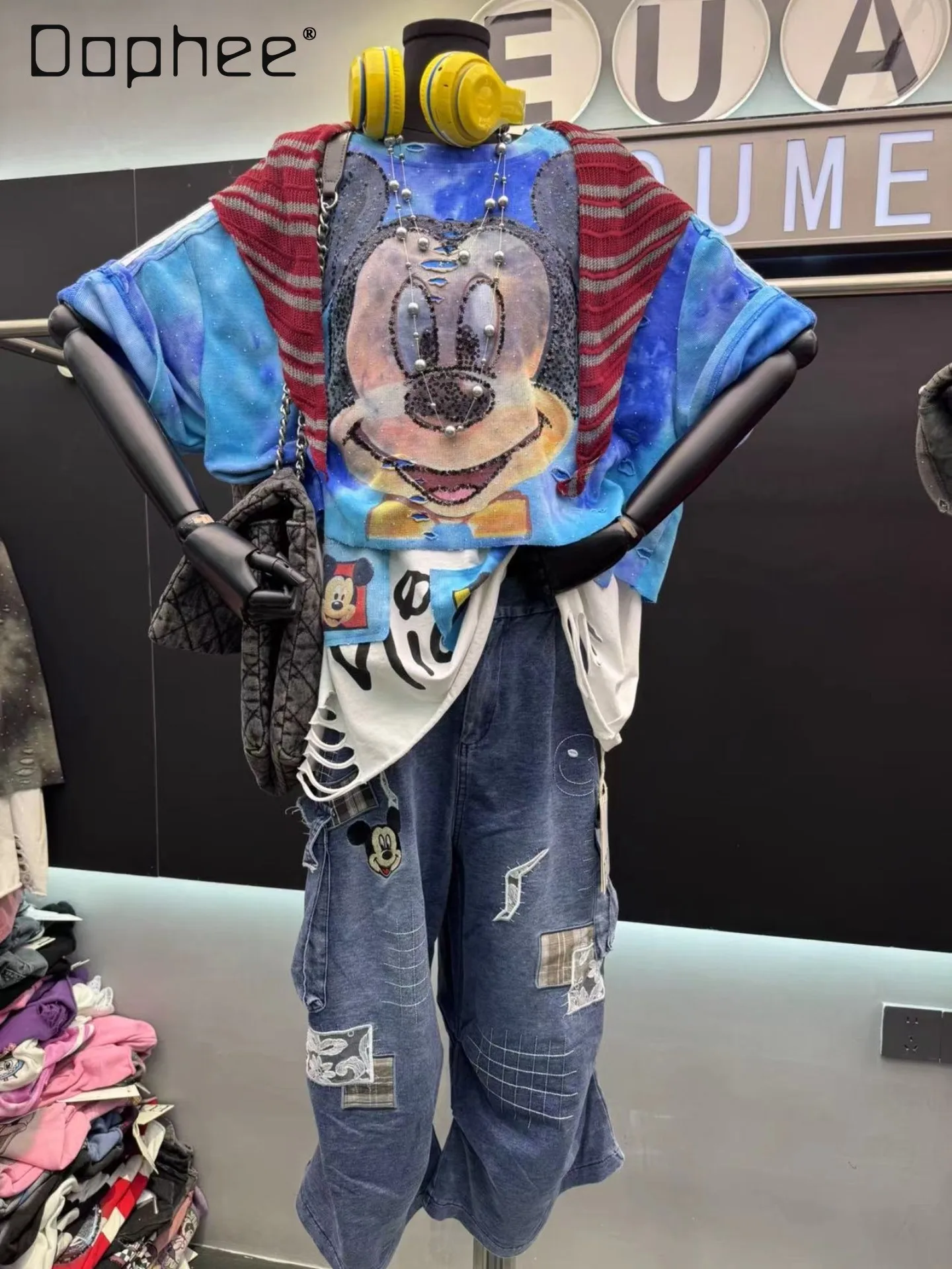 

Spring and Summer 2026 New Heavy Industry Cartoon Sequins Fake Two-piece Fashion T-shirt Hole Loose Short-sleeved T-shirt Women