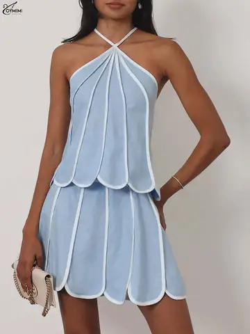 Oymimi Fashion Blue White Two Piece Outfits Woman Casual Halter Neck Sleeveless Slim Tops And High Waist Pleated Mini Skirts Set