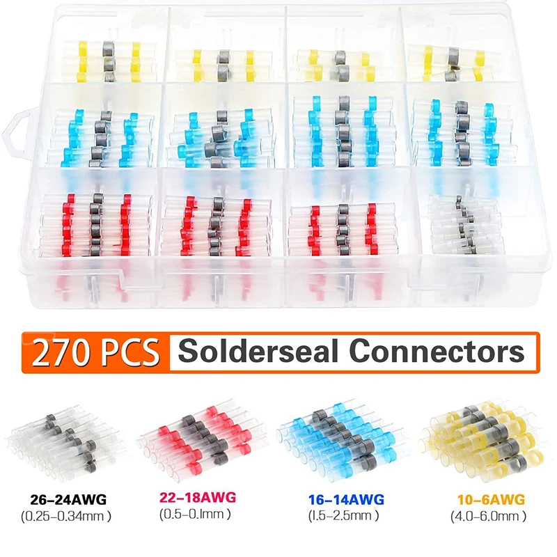 

270pcs Solder Seal Wire Connectors 3:1 Heat Shrink Insulated Electrical Wire Terminals Butt Splice Waterproof for Cable