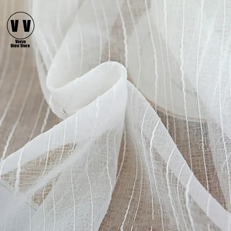 

White Striped Tulle Curtain for Living Room, Japanese Style, Linen Voile, Sheer Window Curtain for Bedroom, Kitchen Customized