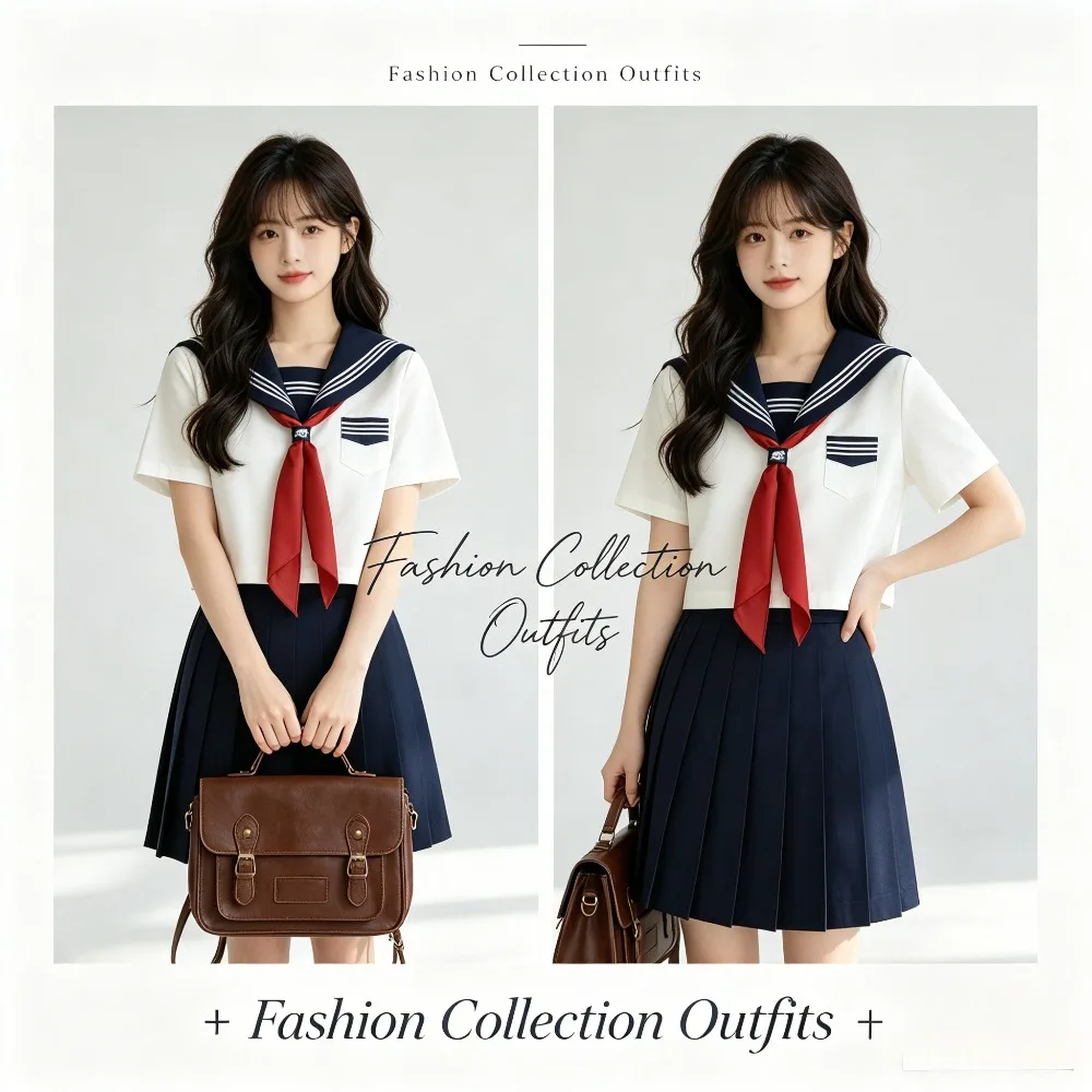 Women's  Japanese College Style JK School Uniform Set, Basic White Long‑Sleeve Sailor Suit for Students Campus Daily Casual Wear