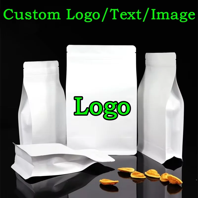 50 Stück 3D-Seitenfaltenbeutel aus weißem Papier mit Reißverschluss, DIY-Logodruck, für gemahlenen Kaffee, Matcha, Gewürze, Samen, Zucker, Süßigkeiten, Tee, Aufbewahrungsbeutel