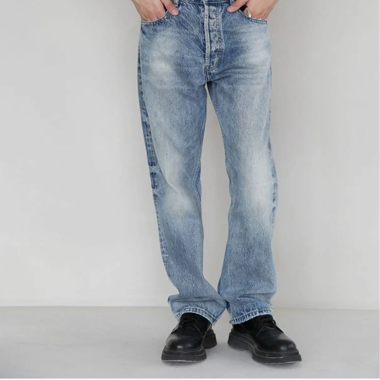 

Four Seasons New Fashion Men's Casual Washed Solid Color Retro Blue Straight Jeans Pants Solid Color Denim Trousers Streetwear