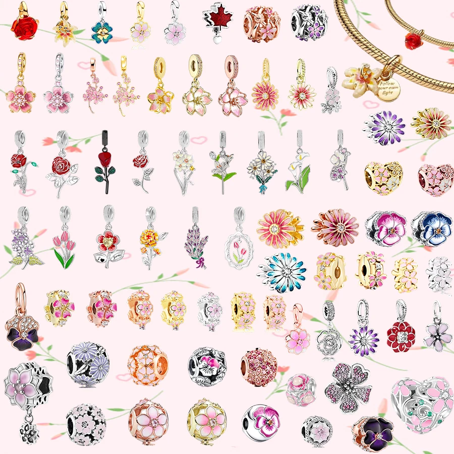 

2025 NEW 925 Silver-Plated Pink Cherry Blossoms、Rose & Peony Pendant Dangle Charm Beads Fit Original Silver 925 Bracelet Jewelry