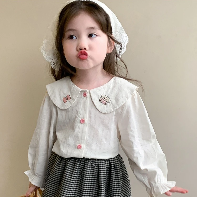 

Girls Shirt 2025 Autumn New Childrens Clothing Korean Style Girls Baby Fashion Cartoon Doll Collar Princess Shirt Simple Daily
