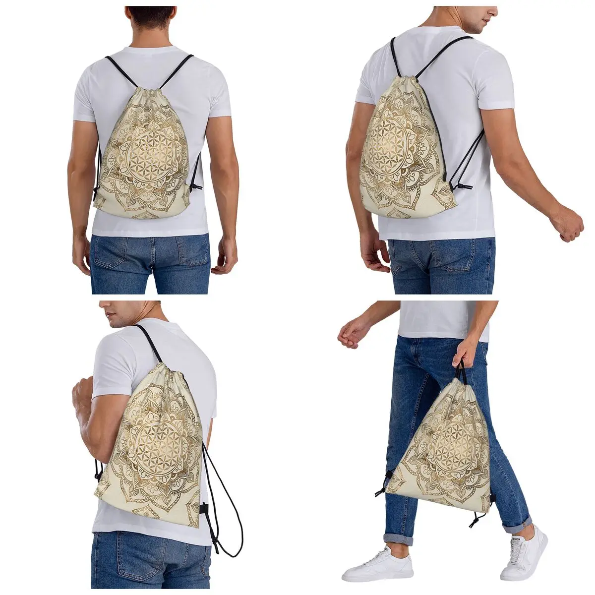 Flower Of Life In Lotus - Pastel Golds And Canv Backpacks Portable Drawstring Bags Sports Bag Book Bags for Travel School