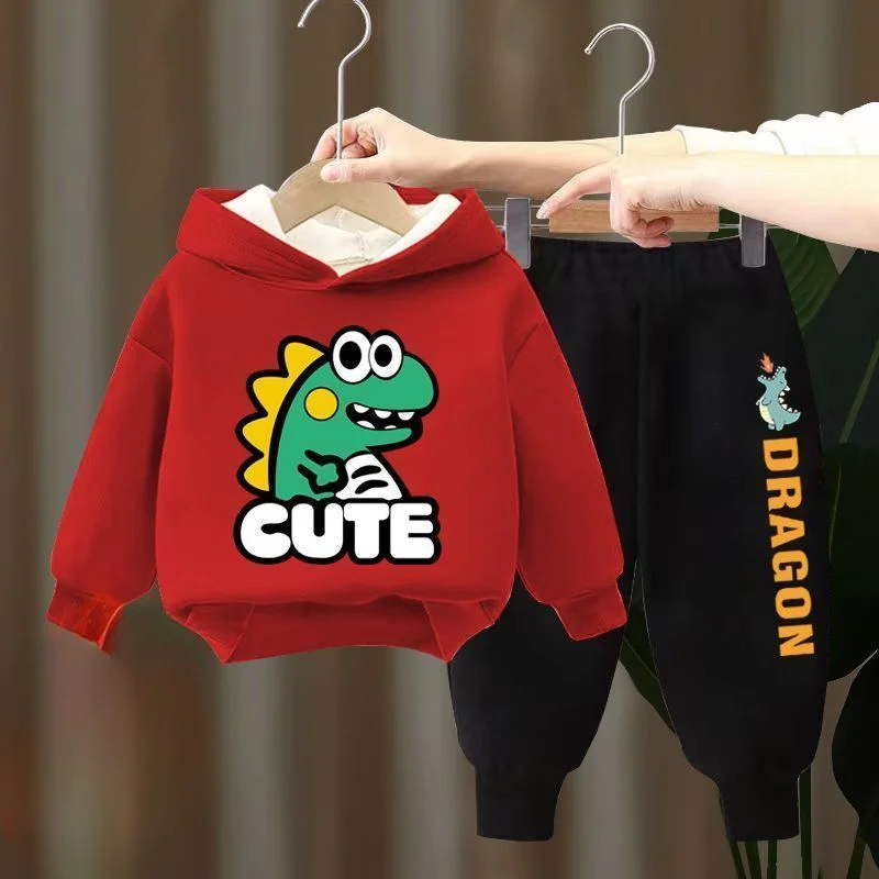 2024 Winter Kids Fleece Clothing Set Boys Hoodie Set Velvet Dinosaur Sports Suit Sweasthirt and Pants 2Pcs Training Suit Outfit