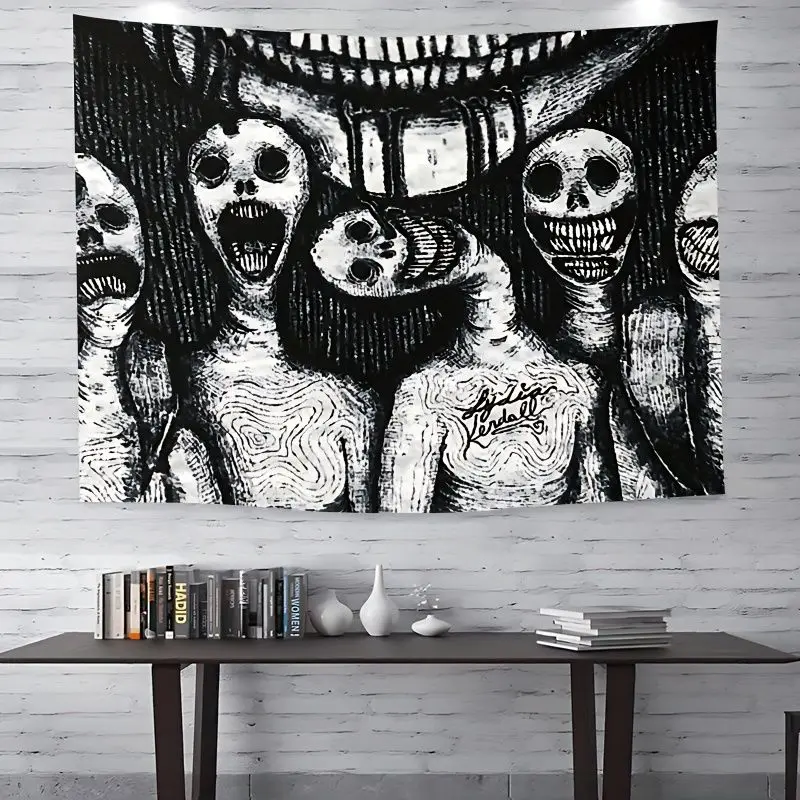 VIKAMA Gothic Horror Tapestry Monochrome Creepy Skull Human Body Sketch Wall Blanket for Grunge Dorm Decor