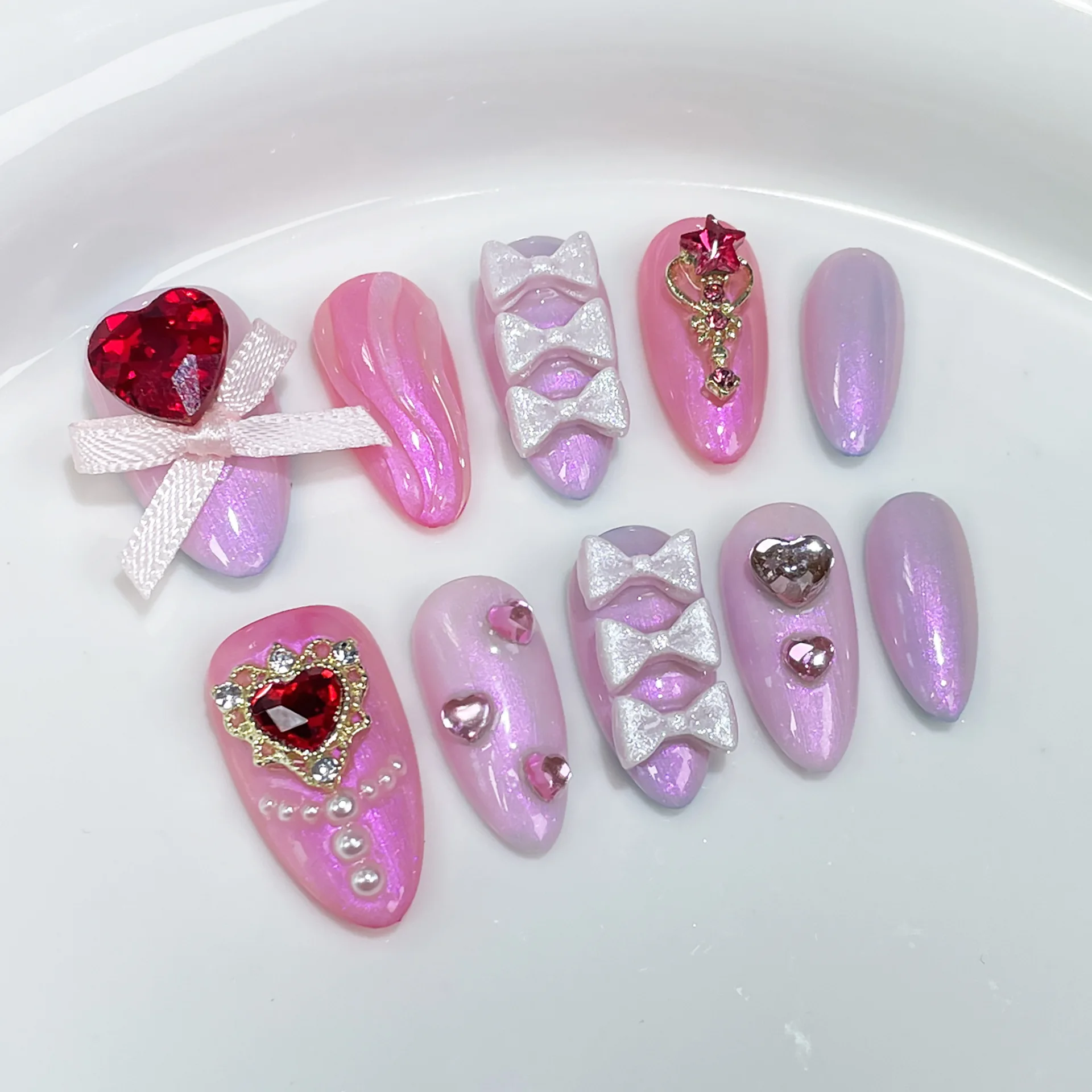 

10Pcs/set 3D Bow Almond Handmade Press on Nails Spicy Girls Fake Nails with Love with Rhinestone Decorations False Nail Uñas 네일팁