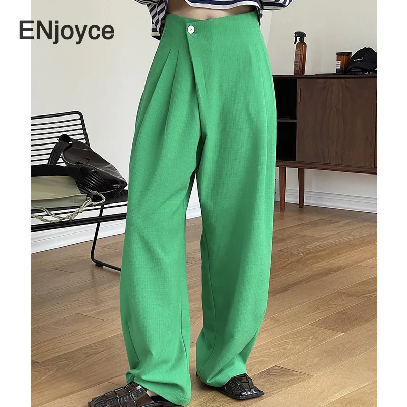 

ENjoyce Vintage Placket High Waist Suit Pants Women Streetwear Korean Fashion Wide Leg Straight Mopping Trousers Spring Fall