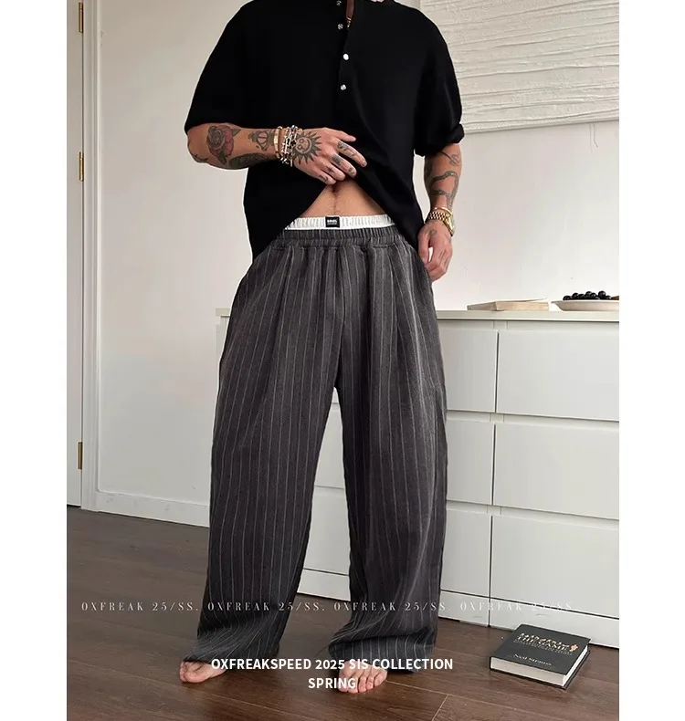 Spring Autumn New Style Men's Loose Fit Straight Leg Stripe Elastic Waist Casual Pants Korean Wide Leg Trendy Brand