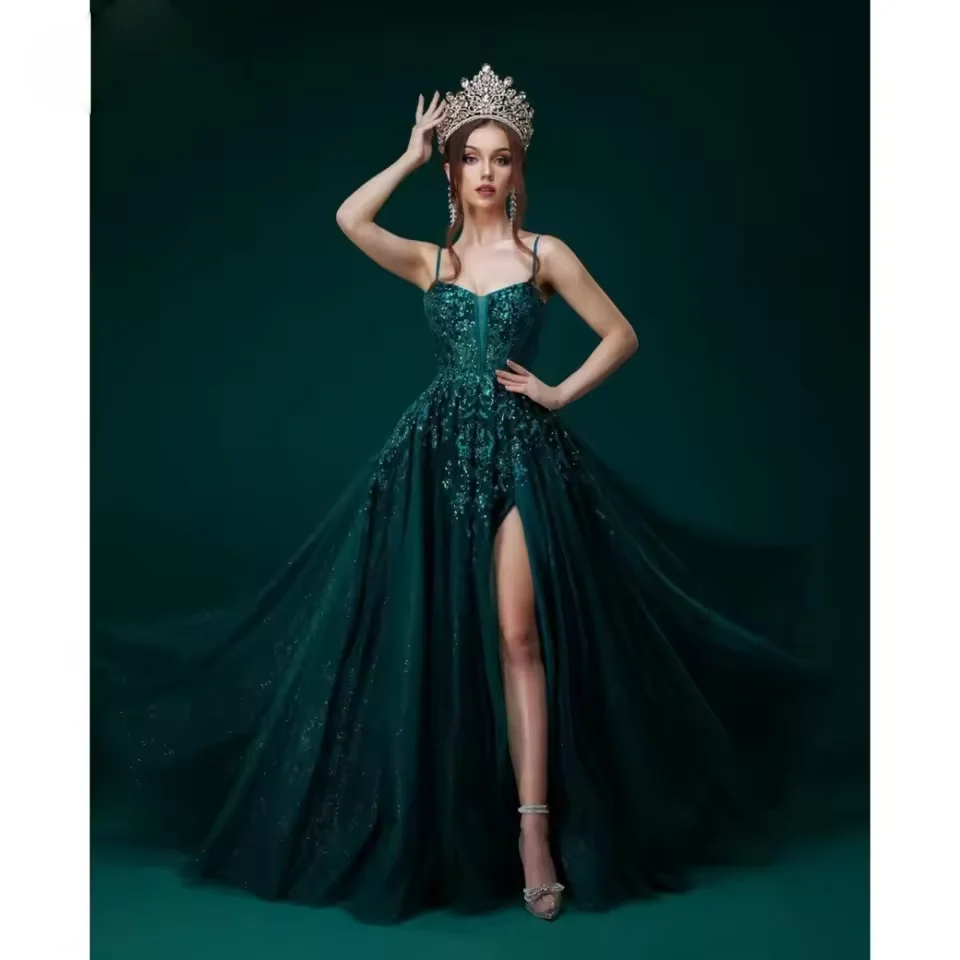

Elegant Women Shiny Tulle Evening Dresses Spaghetti Strap A-Line Wedding Party Dress Customized Lace Applique Formal Prom Gowns