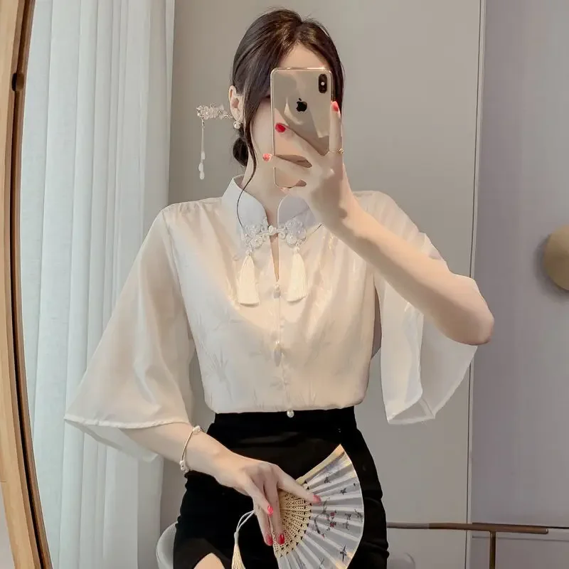 New Chinese Style Vinegar Jacquard Short Sleeved Shirt Women's Summer Tassel Buttoned Small White Shirt Chiffon Top Women Shirts