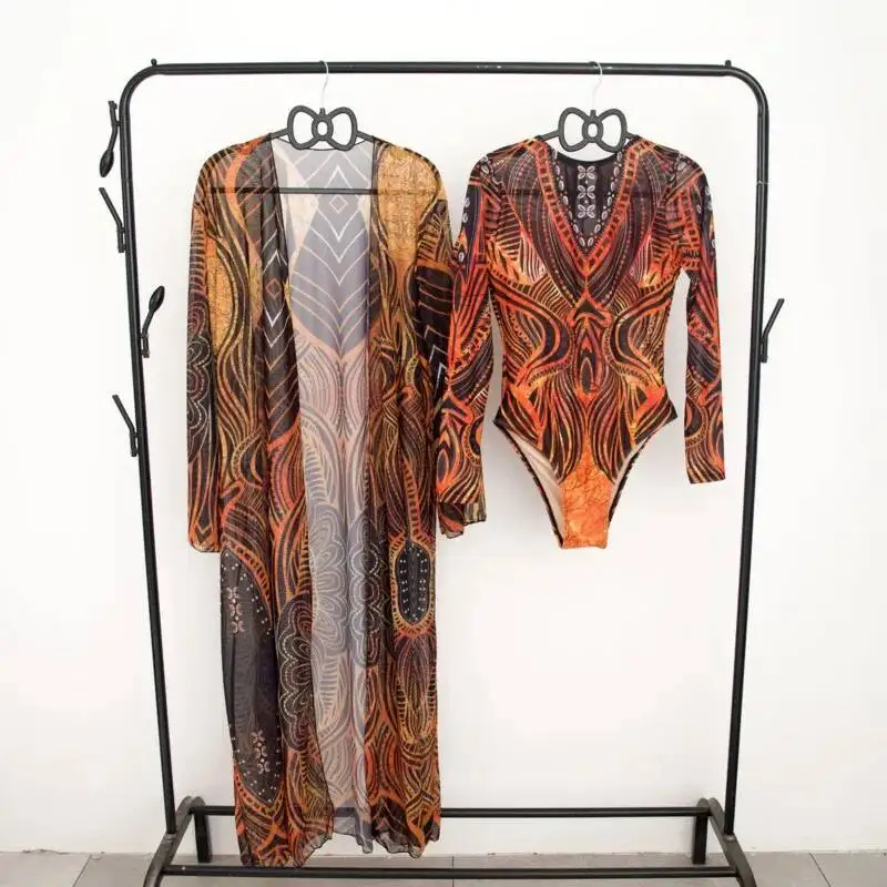 Fashion Print One-Piece Long Length Smock Bikini Multiple Styles Vacation Leisure Spa Hot Springs Two Piece Set Swimsuit Bikini
