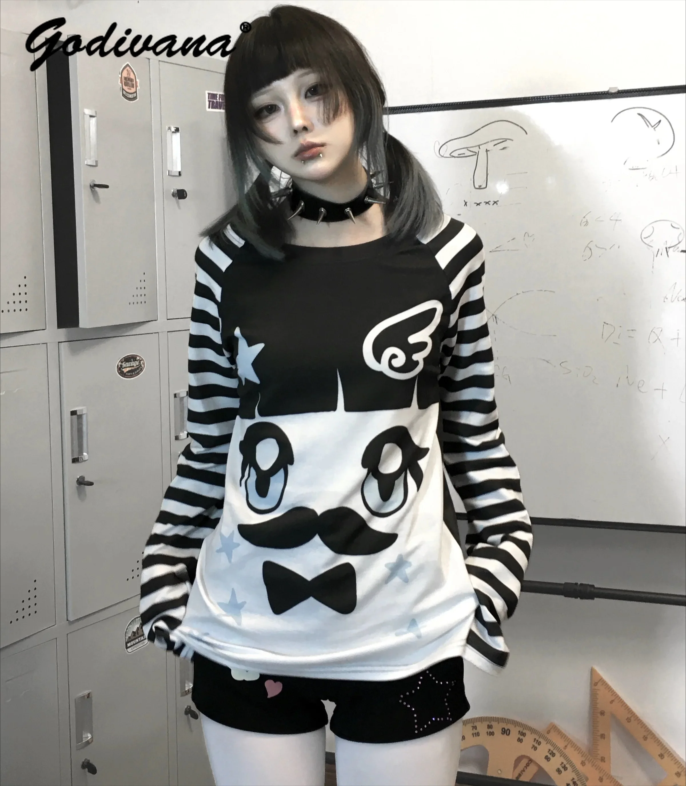 Women Japanese Sweet Round Neck Long Sleeve Stripes T-Shirt Kawaii Anime Cartoon Print Casual Versatile Harajuku Top