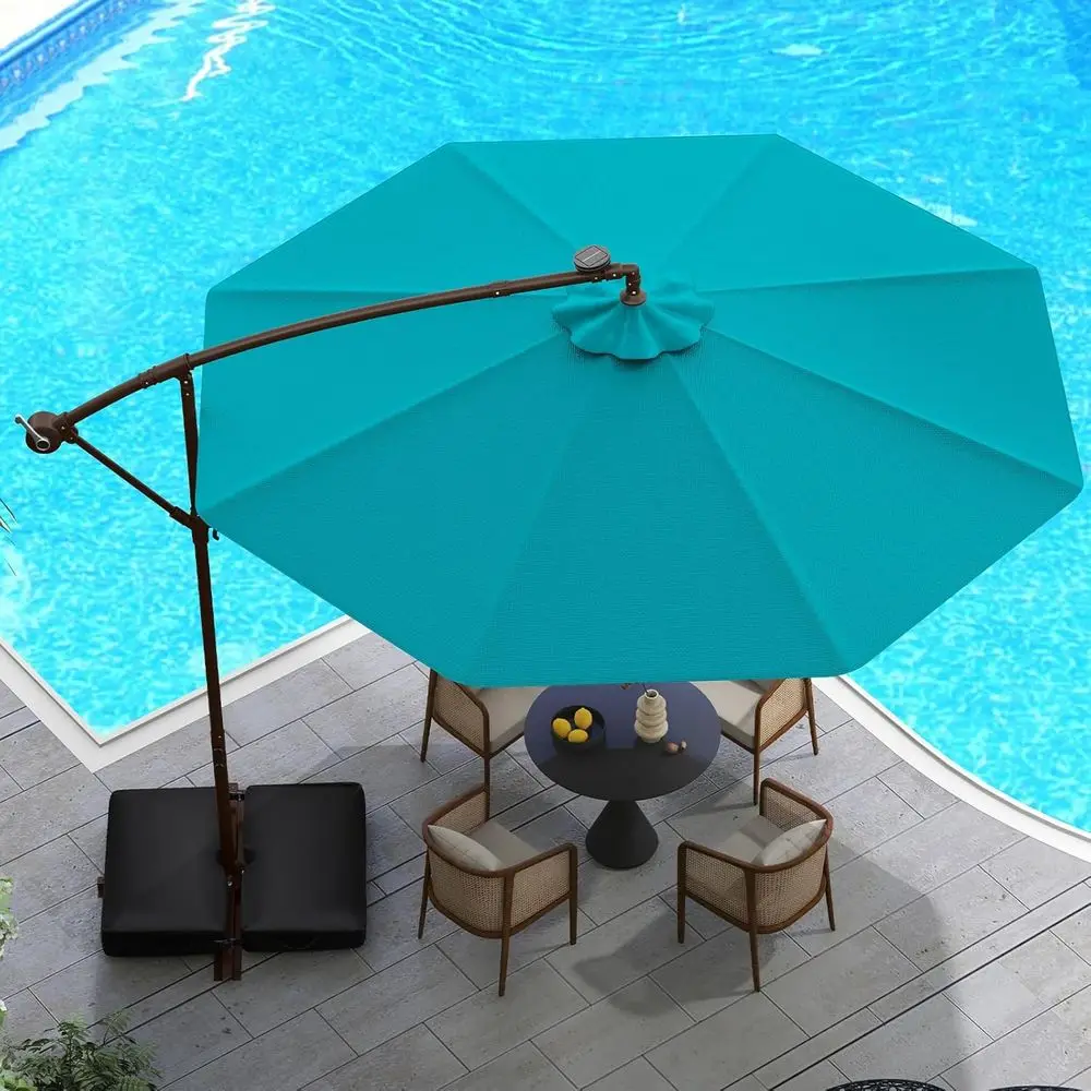10T Patio Umbrella with Base, Outdoor Cantilever Umbrella with 40 LED Lights, Adjustable, Crank Handle, Vented Top, Sand Bags or