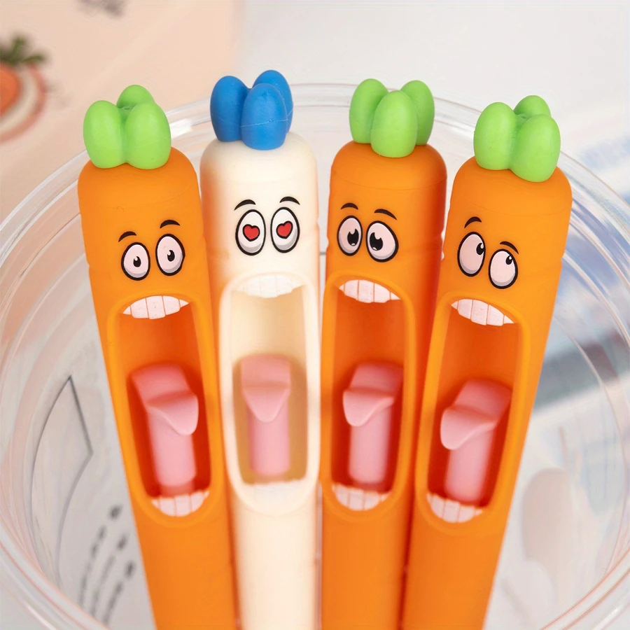 

4pcs/set Carrot-click Gel Pen Carrot-shaped Funny and Fun Press Tongue to Release the Core Black Pen 0.5mm Office Pen