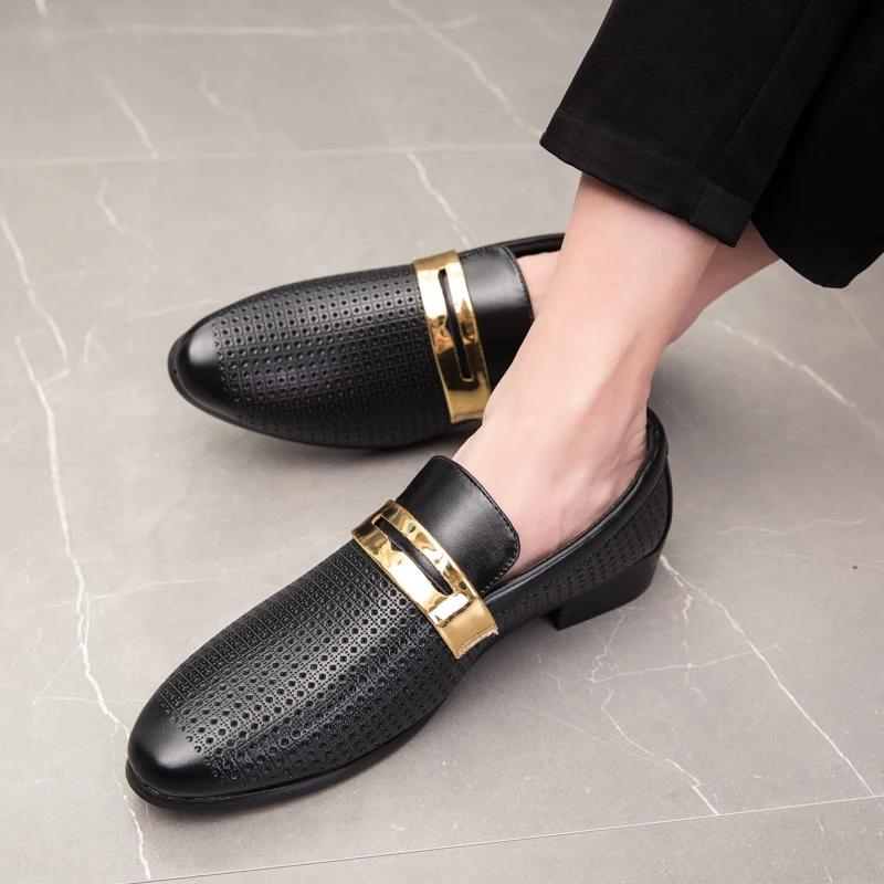 Men's summer hollow breathable double-layer casual shoes Men Slip on Wedding Dress Men's summer hollow breathable leather shoes