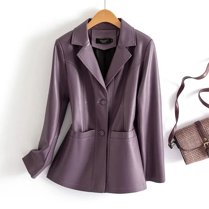 2025 Spring Autumn Sheepskin Jacket Women Suit Coat Slim Single-breasted Casual Tops Lady Small Outerwear Leather Blazer Coats