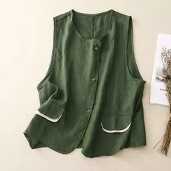 Women's Cotton Linen Vest Pocket Waistcoat Summer