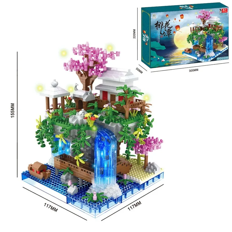 Montaż klocków, architektura starożytna, starożytny styl, staw z kwiatem brzoskwini, mikrocząsteczki, dzieci o wysokim stopniu trudności
