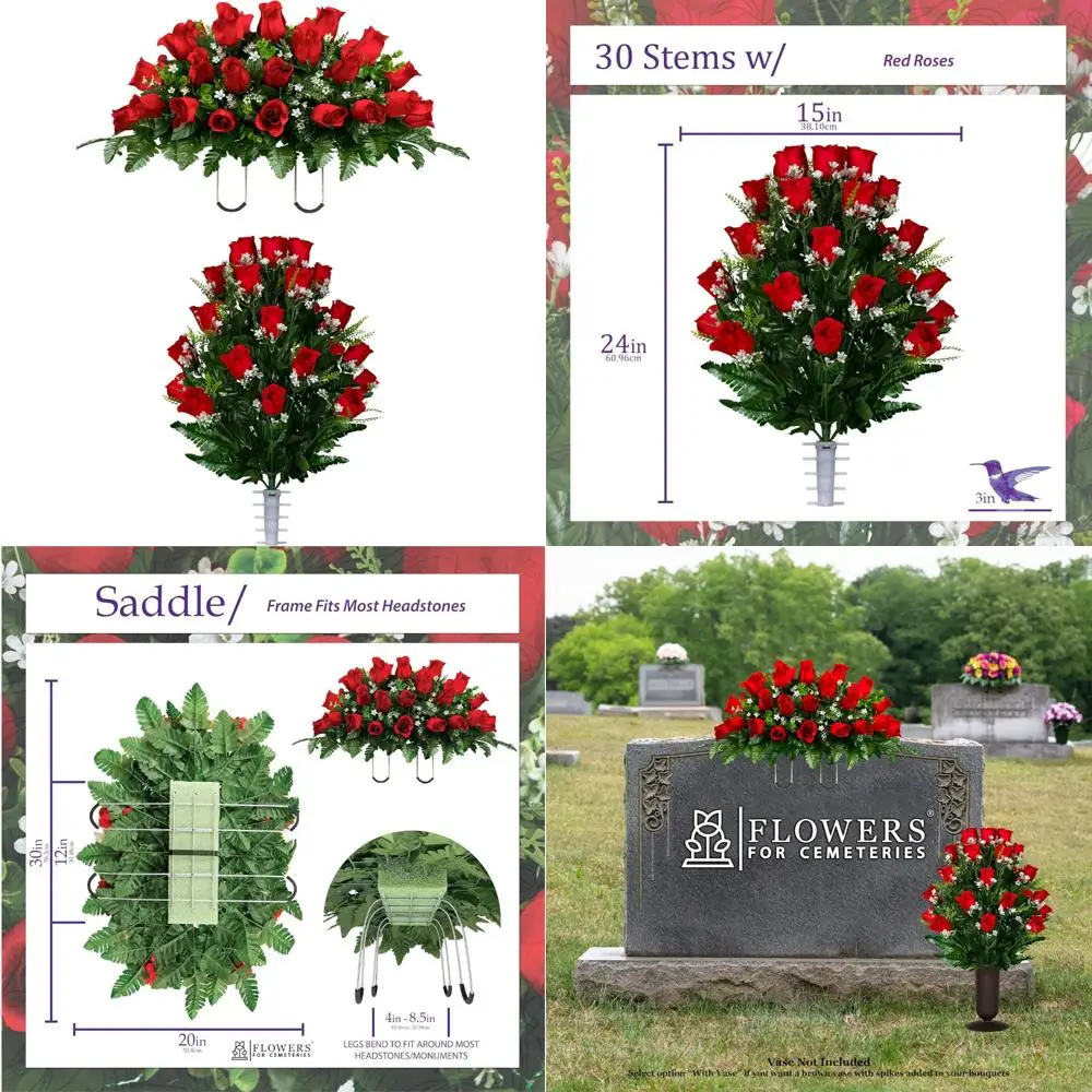 زهور المقبرة التذكارية الاصطناعية: مجموعة 30 وردة حمراء روبي مع سرج وباقة مطابقة لتحية مقرمى المحاربين القدامى